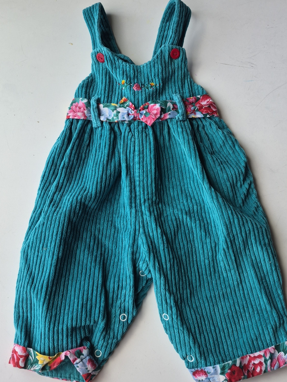 Source Unknown Teal Corduroy Overalls with Floral Trim